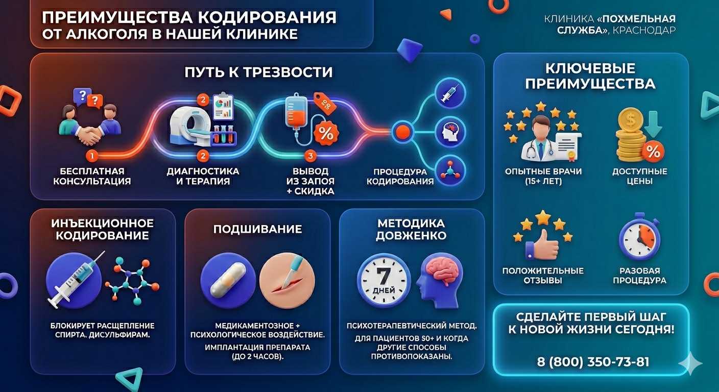 Инфографика о методах кодирования от алкоголя в Волосово: инъекции, подшивание, метод Довженко. Преимущества клиники и этапы лечения.
