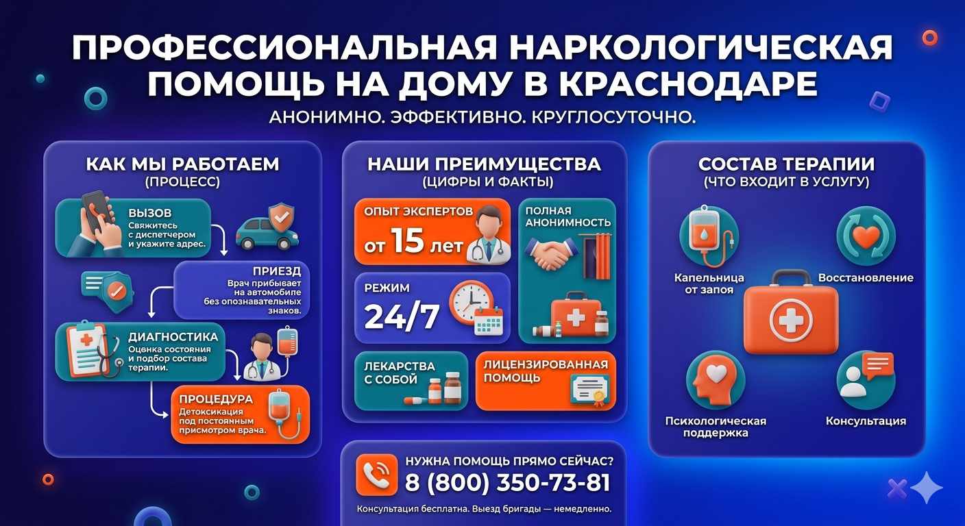 Инфографика о принципах лечения алкоголизма на дому в Волосово: этапы вызова нарколога, преимущества анонимной детоксикации и состав медицинской помощи.